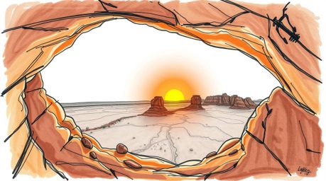 Explore stunning hand-drawn color sketchnotes capturing a mesmerizing desert sunset framed by a natural rock arch. Experience