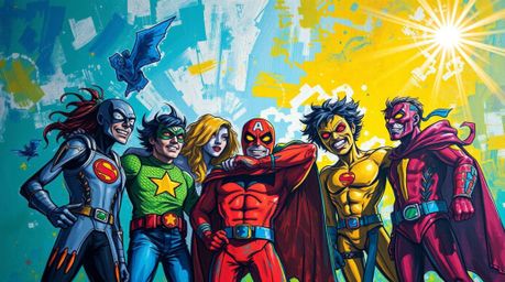 A captivating 16:9 acrylic painting showcases a team of misfit heroes.  The artwork features vibrant colors, textured brushst