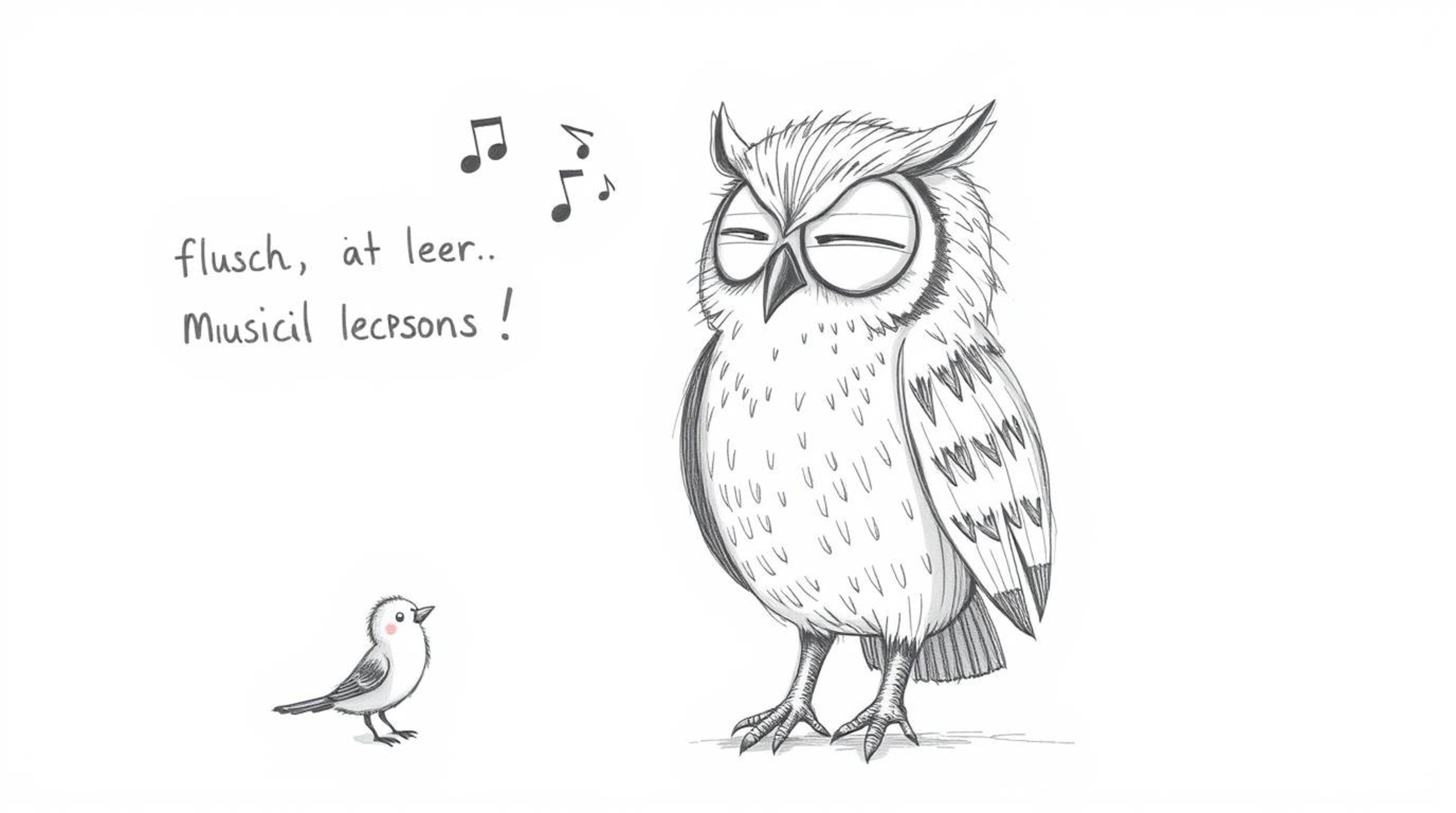 A heartwarming hand-drawn sketch in a Pixar style depicts a blind owl with textured feathers, imparting flight lessons to fle