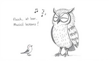 A heartwarming hand-drawn sketch in a Pixar style depicts a blind owl with textured feathers, imparting flight lessons to fle