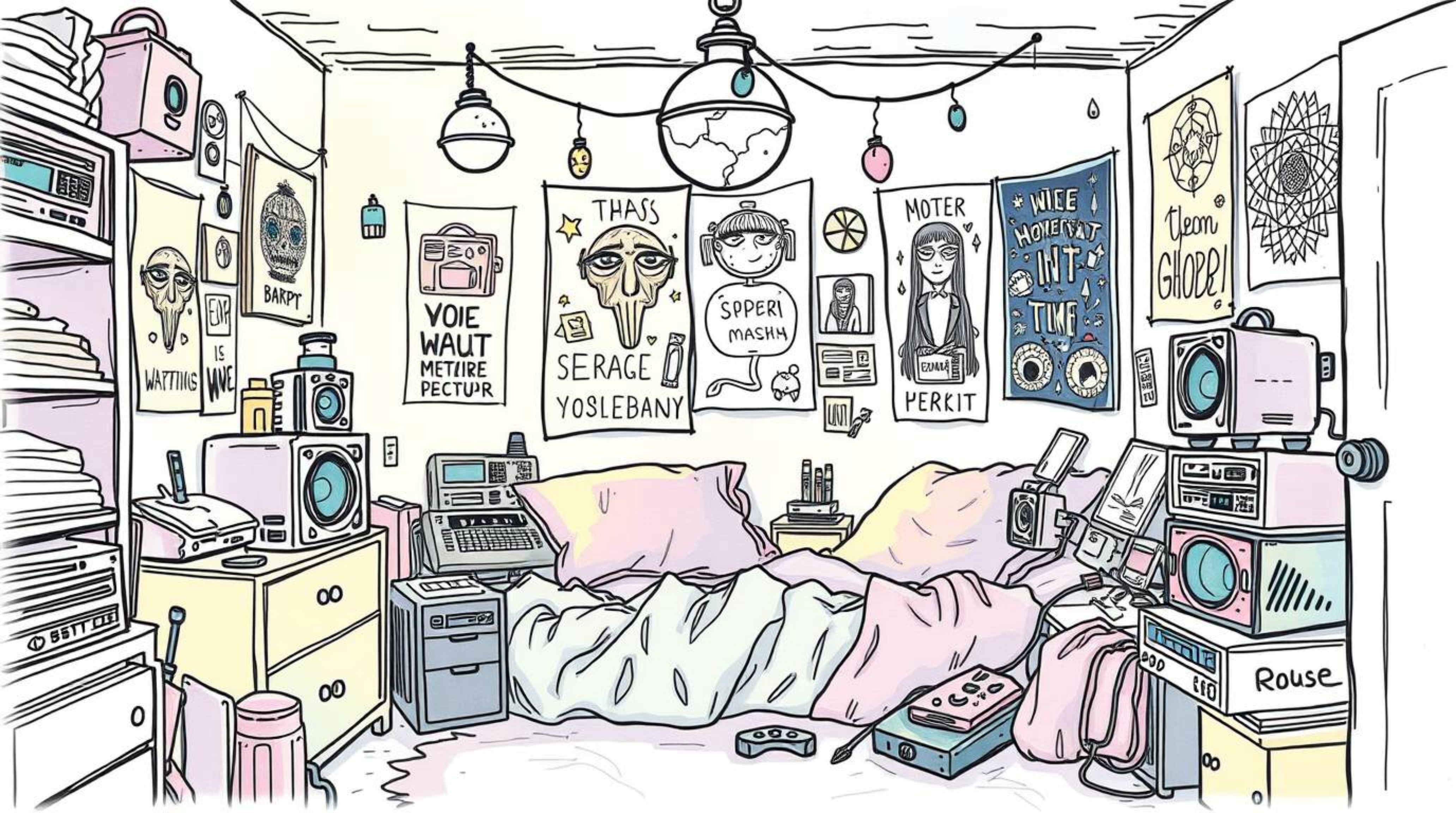 Discover a dreamy, ethereal hand-drawn sketch depicting a messy bedroom filled with weird gadgets and mystical posters.  The 