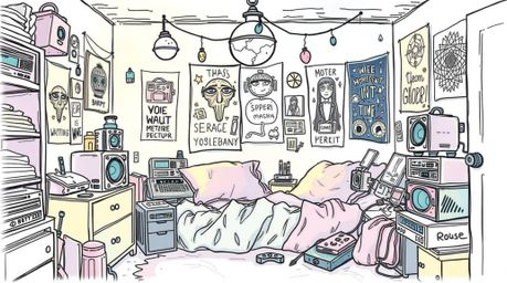 Discover a dreamy, ethereal hand-drawn sketch depicting a messy bedroom filled with weird gadgets and mystical posters.  The 