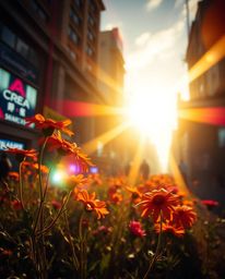 Explore the surreal beauty of flowers blooming amidst the ruins of a post-apocalyptic city. Witness the resilience of nature 