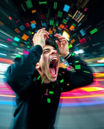 A captivating long exposure photograph depicts a person screaming amidst a world dissolving into vibrant, pixelated fragments