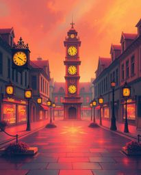 An ethereal, spiritual illustration depicting an empty town square filled with ticking clocks.  The artwork features a warm c