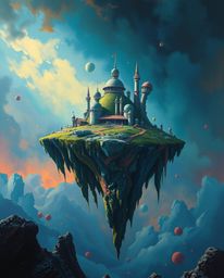 This bold acrylic painting depicts a surreal floating island adorned with strange and captivating architecture. The dramatic 