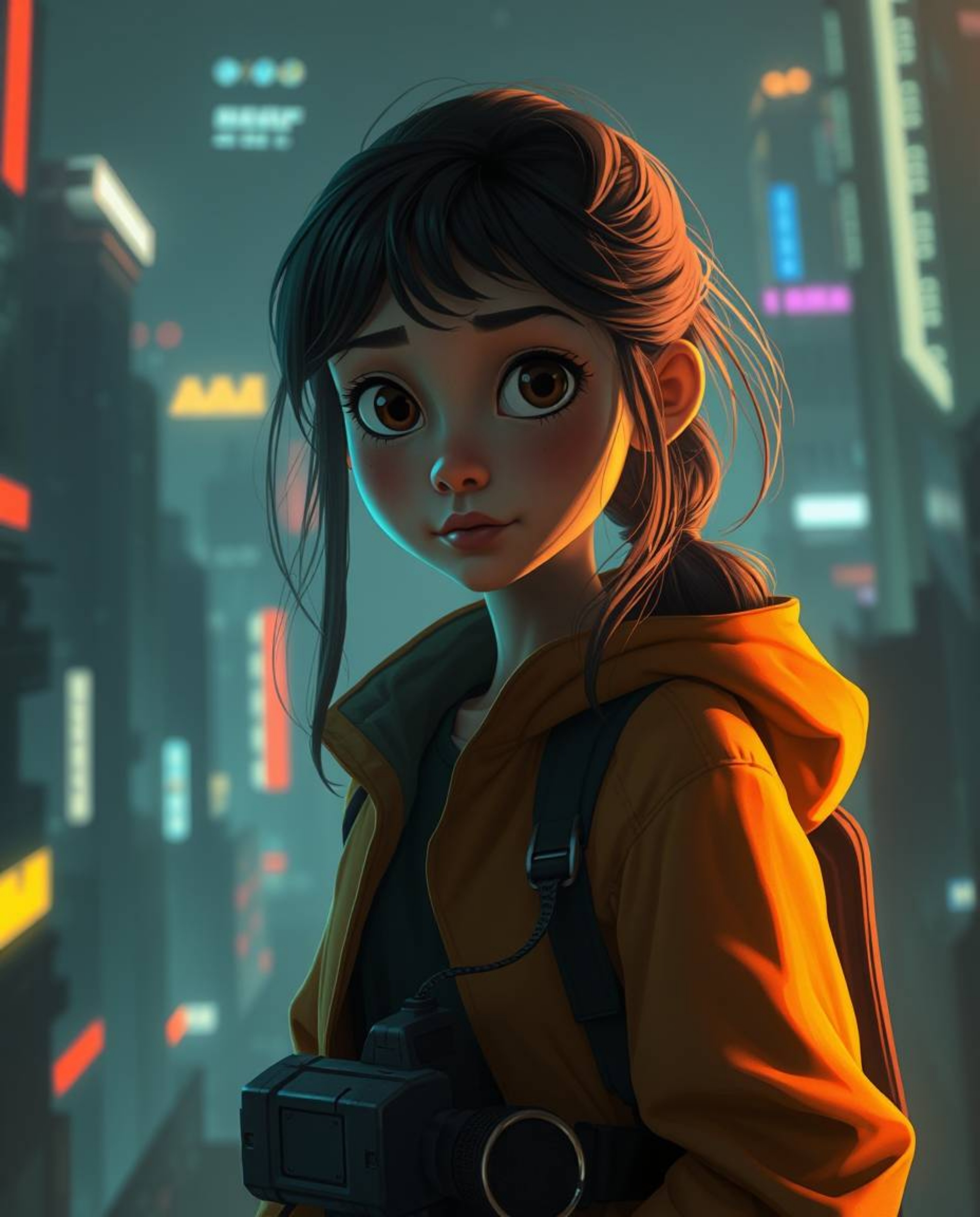 Explore a strong and moody style featuring creative light art, depicting a young inventor girl in a futuristic city reminisce