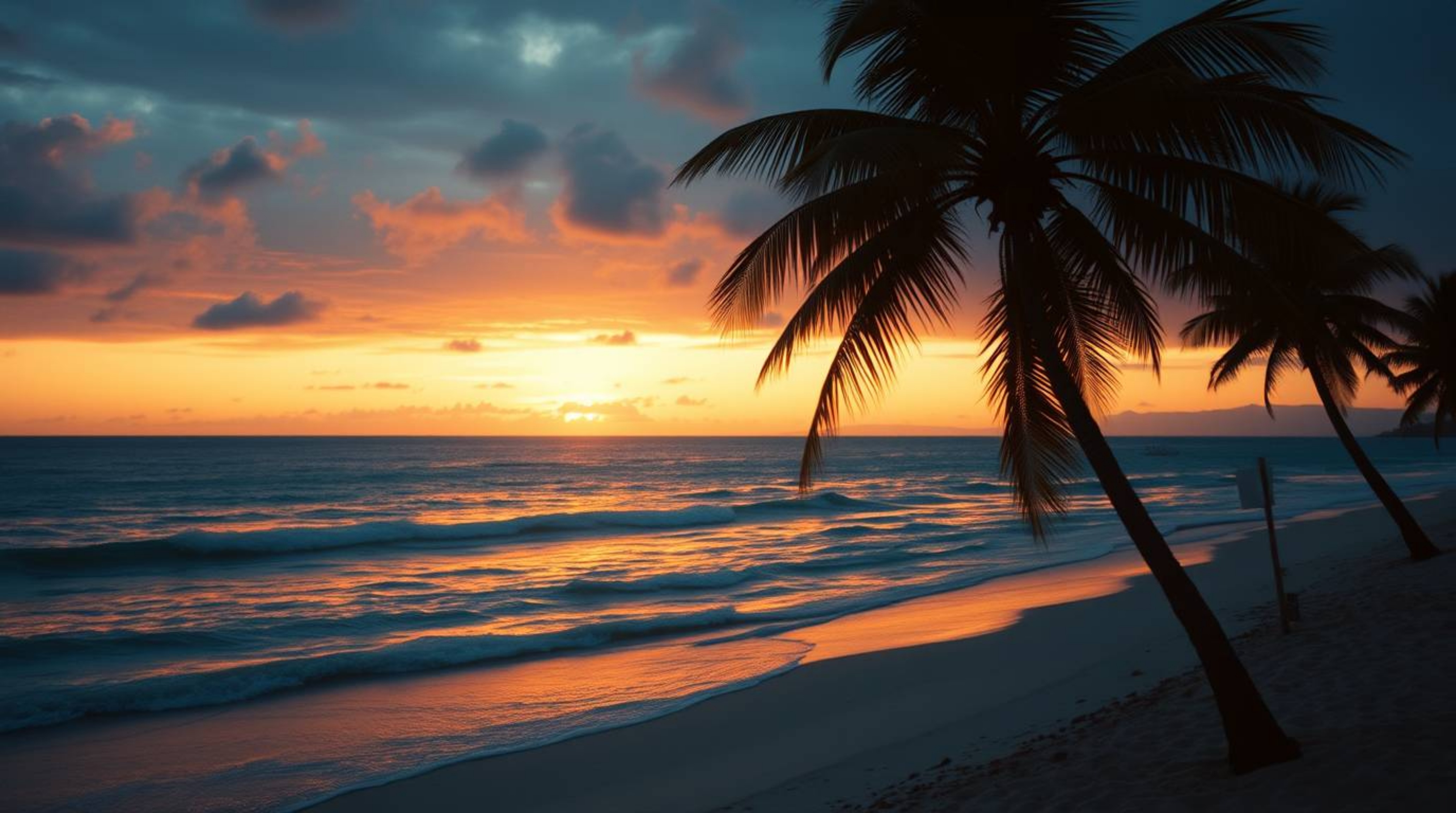 A captivating cinematic photograph showcasing a dramatic tropical beach sunset.  Soft contrast and saturation create a film-l