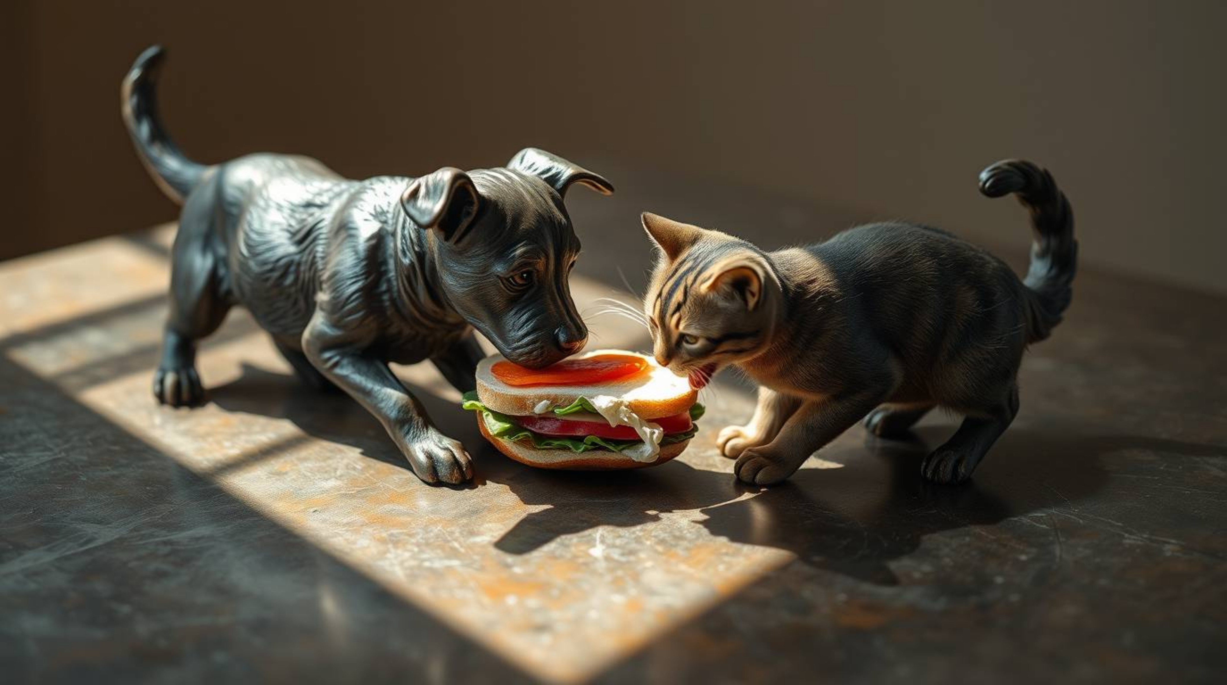 A playful scene unfolds on an antique cast bronze surface as a dog and a cat fiercely compete for a huge sandwich. Gentle, so