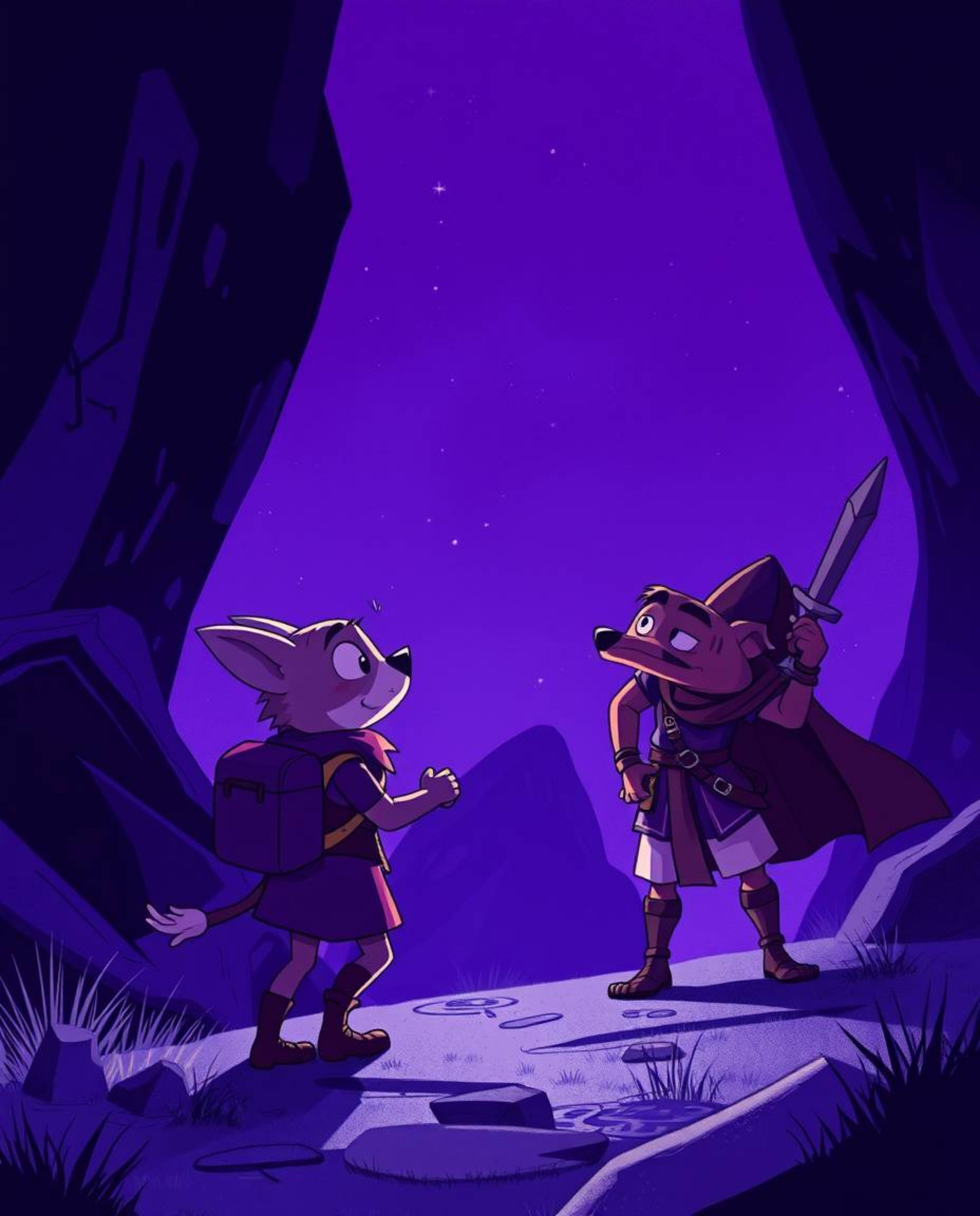 Immerse yourself in a cinematic illustration rendered in deep ultraviolet hues, featuring a captivating scene of a talking an