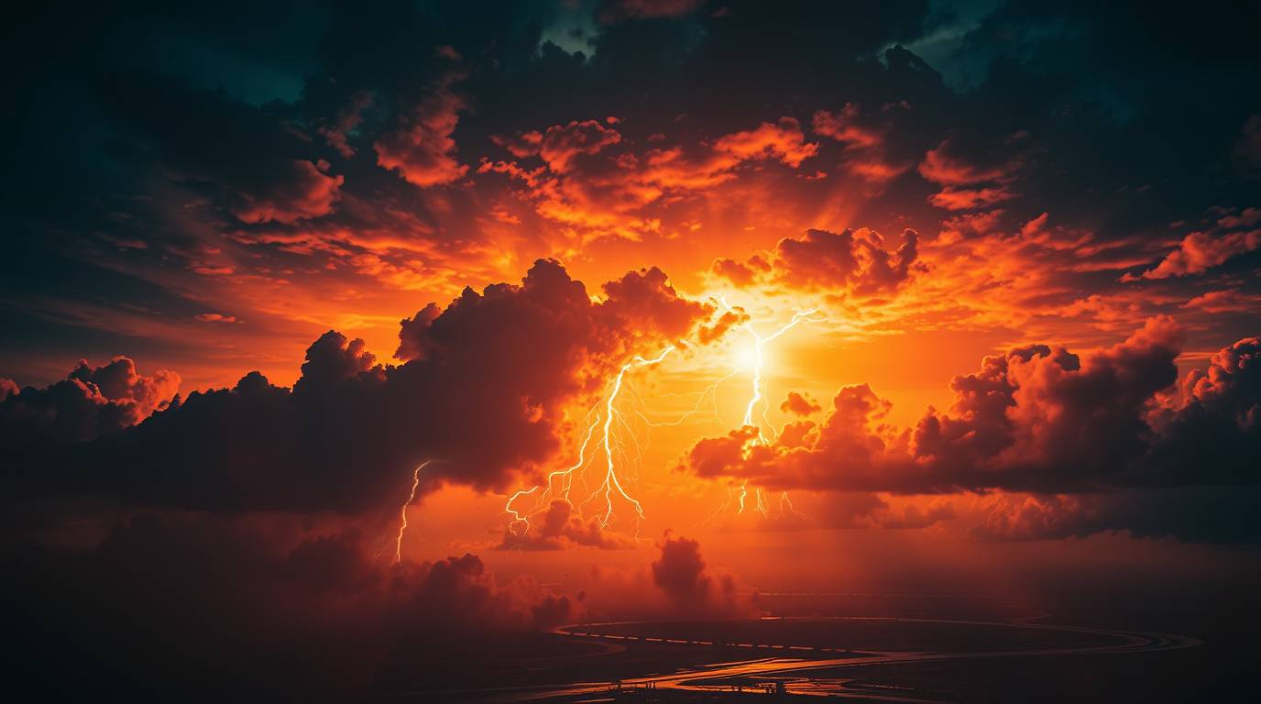 Immerse yourself in a futuristic sci-fi world with this stunning image depicting a thunderstorm illuminated by the warm hues 