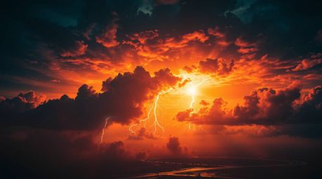 Immerse yourself in a futuristic sci-fi world with this stunning image depicting a thunderstorm illuminated by the warm hues 