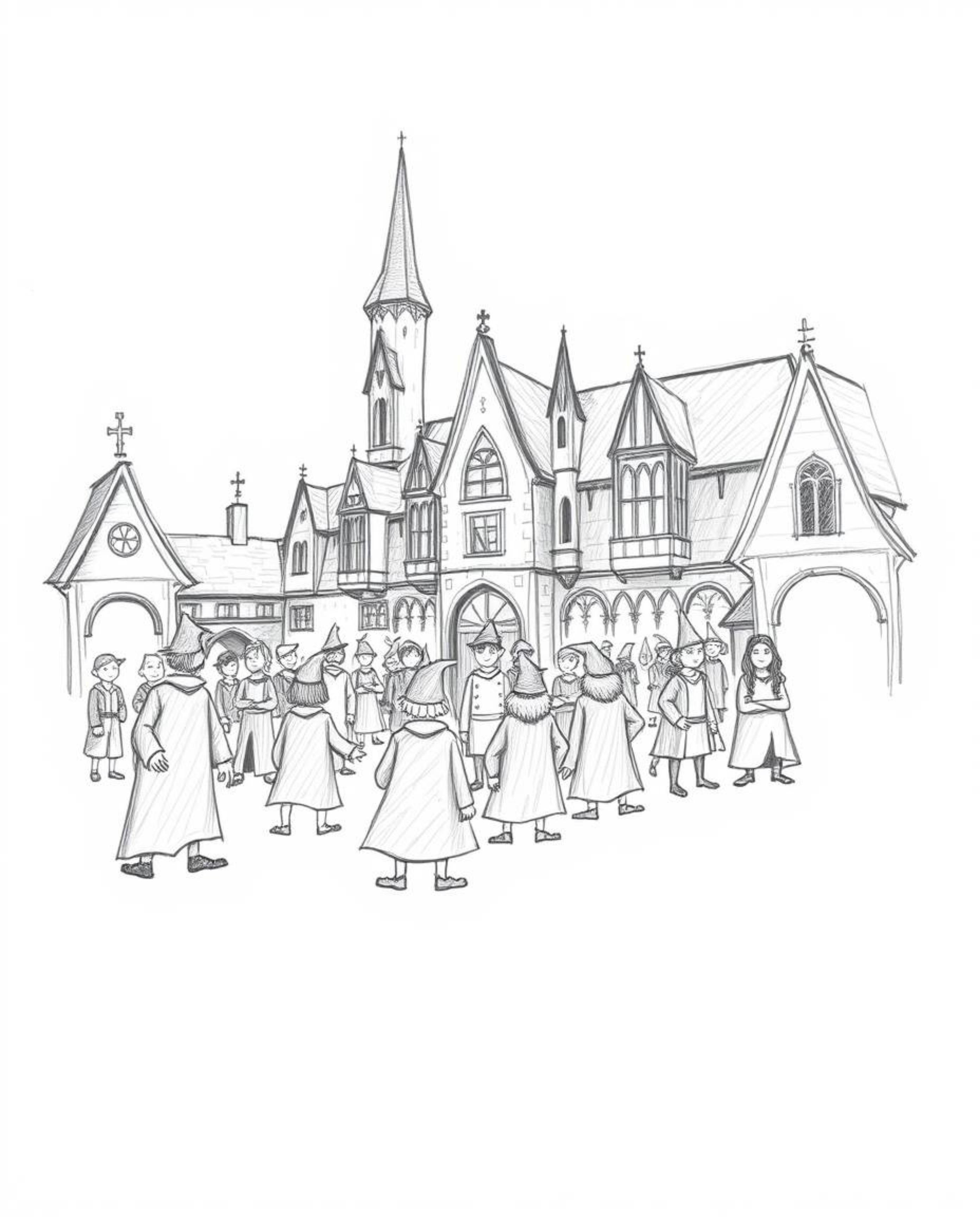 A captivating hand-drawn sketch depicting a magical school brimming with young wizards.  Rendered with rough lines and textur
