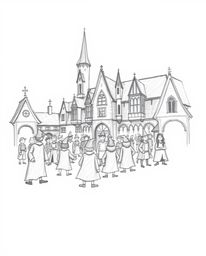 A captivating hand-drawn sketch depicting a magical school brimming with young wizards.  Rendered with rough lines and textur