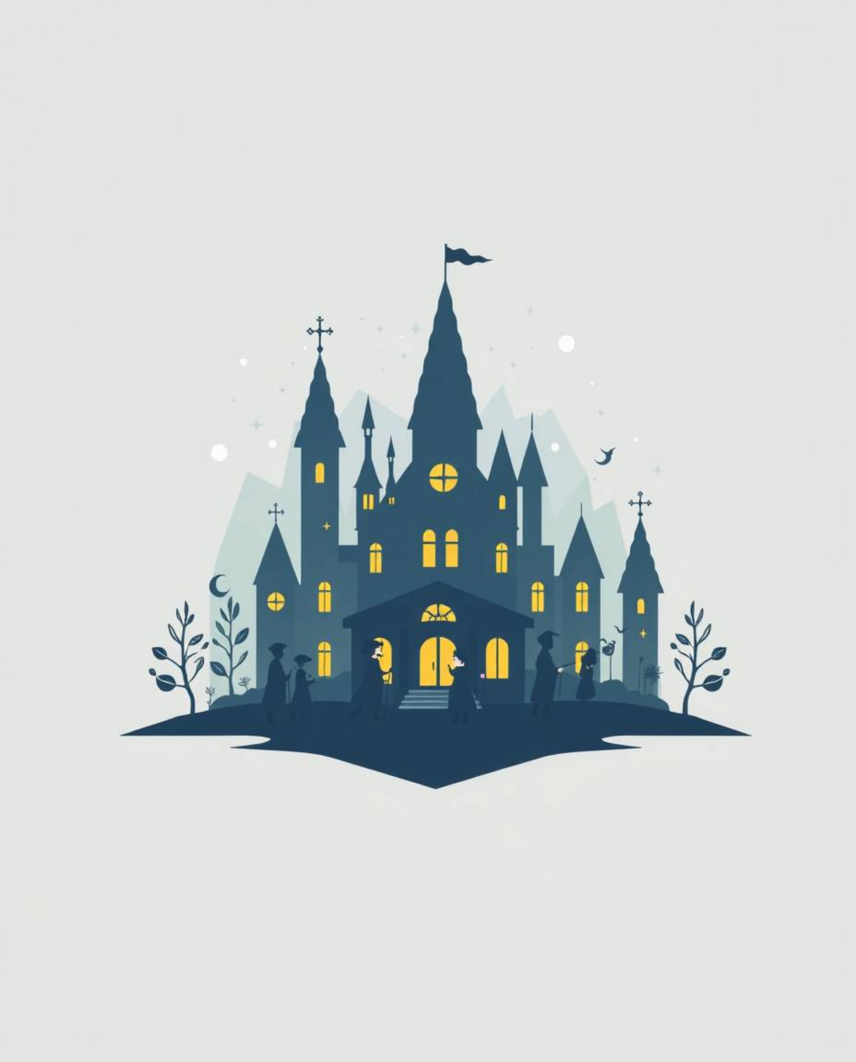 A captivating logo design featuring a soft, hazy depiction of a magical school brimming with young wizards.  Employing geomet