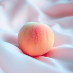 Experience the delicate beauty of a soft, blushing pink peach resting on silky pastel pink fabric, captured in stunning high-