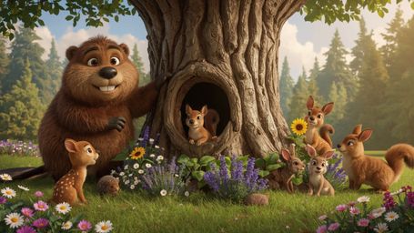 A highly detailed, commercial-quality stock photo, reminiscent of Pixar's whimsical style, shows a friendly, fluffy beaver bu