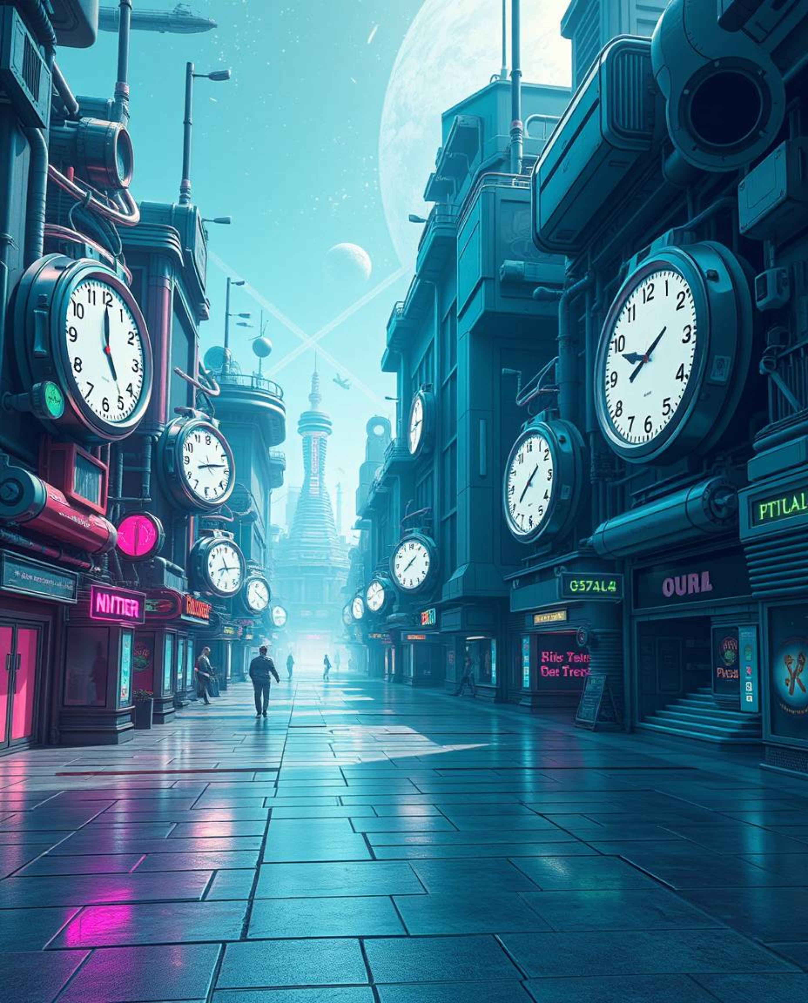 A captivating image of a futuristic, empty town square rendered in cool blues, greens, and purples.  Ticking clocks, advanced