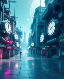 A captivating image of a futuristic, empty town square rendered in cool blues, greens, and purples.  Ticking clocks, advanced
