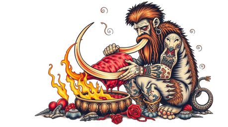 This symbolic traditional tattoo art print features a caveman masterfully cooking mammoth meat, rendered in stunning surreal 