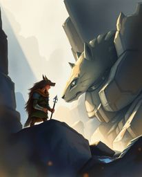 A captivating watercolor painting depicts an epic scene featuring a talking animal sidekick assisting a hero on their journey