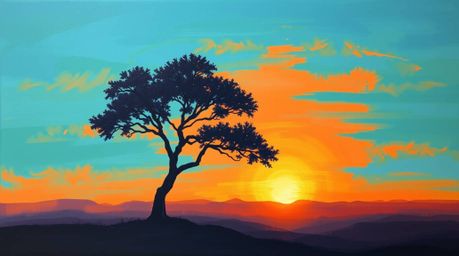 A captivating acrylic painting depicts a lone tree silhouetted against a fiery sunset.  The artwork features gentle, soft lig