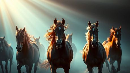 Experience the ethereal beauty of a wild horse herd galloping beneath a glowing sky.  This captivating scene features volumet