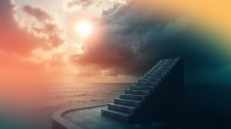 A dramatic staircase emerges from the ocean, ascending into a stormy sky illuminated by a divine sunburst. This epic and symb