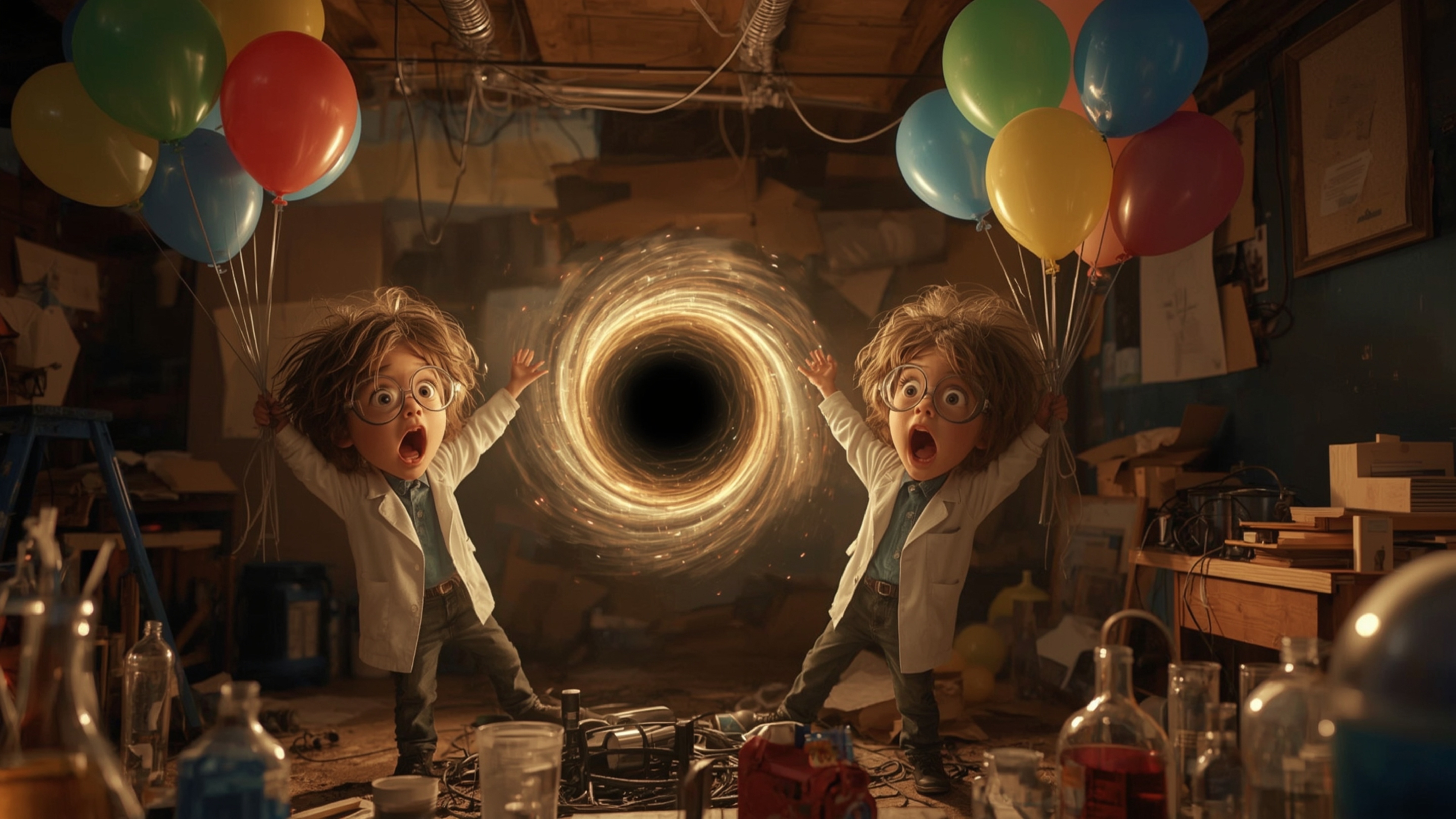 In a vibrant, cinematic photograph reminiscent of Pixar's whimsical style, a startled science fair duo desperately clings to 