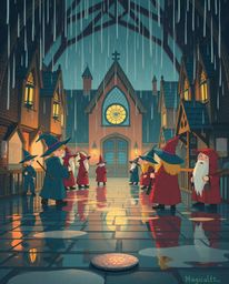 Immerse yourself in a magical school scene brimming with young wizards amidst a wet, rainy atmosphere. The artwork features a