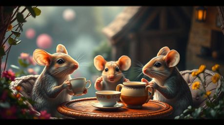 Experience the whimsy of anthropomorphic mice enjoying tea in a cozy cottage, rendered in electric vivid colors with a soft f