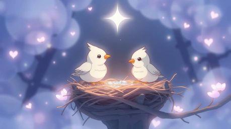 A captivating animation depicting two cartoon birds constructing a nest, rendered in a classic animation style with an ethere