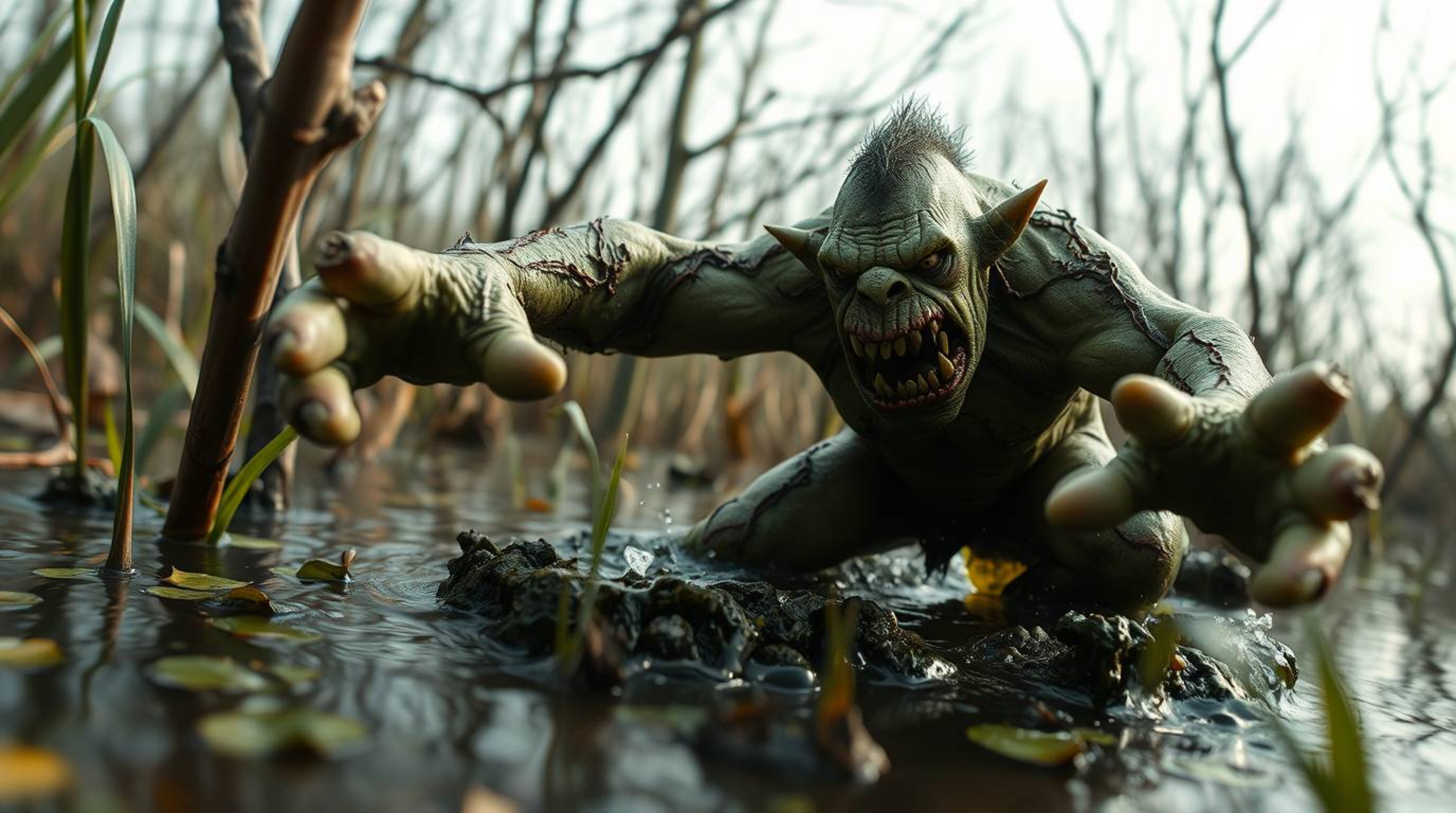 A captivating macro photograph captures an ogre dancing within a swamp, with an emphasis on revealing the minute and complex 