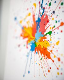 A photograph showcasing a vibrant explosion of colorful paint splashes against a clean white canvas, enhanced by a beautiful 