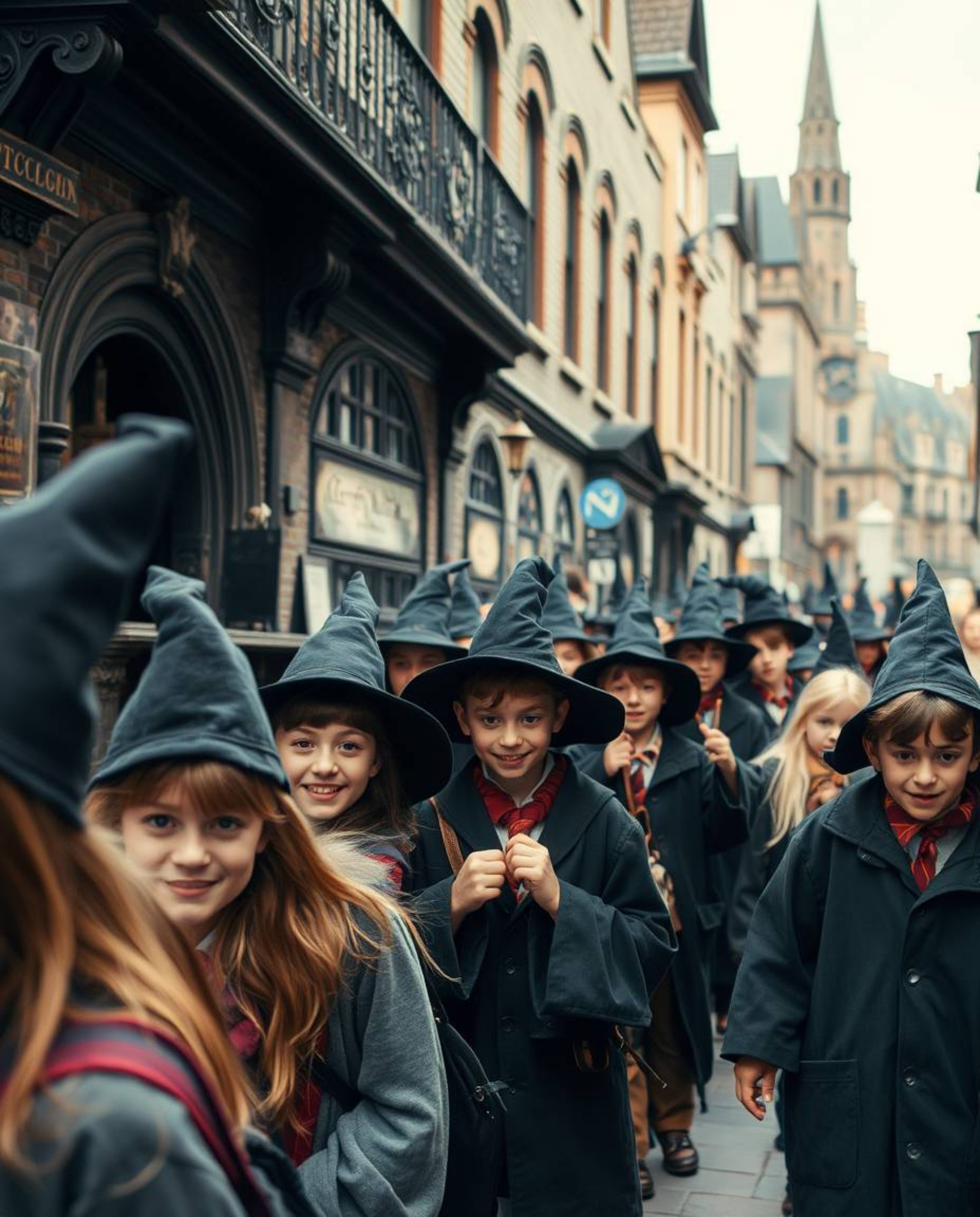 Capture the whimsical charm of a magical school nestled within an urban landscape, showcasing candid street photography-style