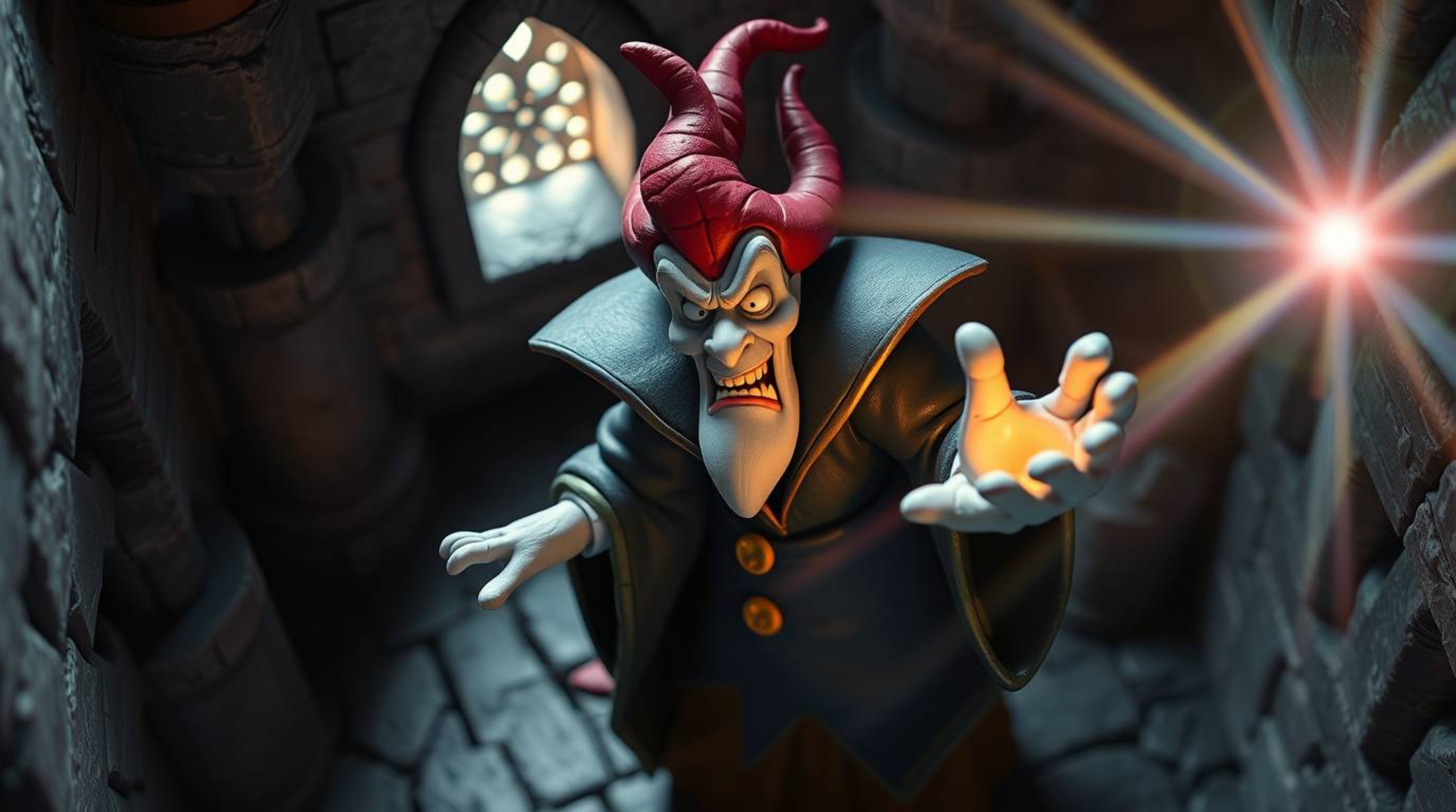 A captivating high-angle shot showcases a sculptural clay artwork depicting a classic Disney villain casting a spell within a
