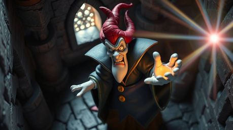 A captivating high-angle shot showcases a sculptural clay artwork depicting a classic Disney villain casting a spell within a