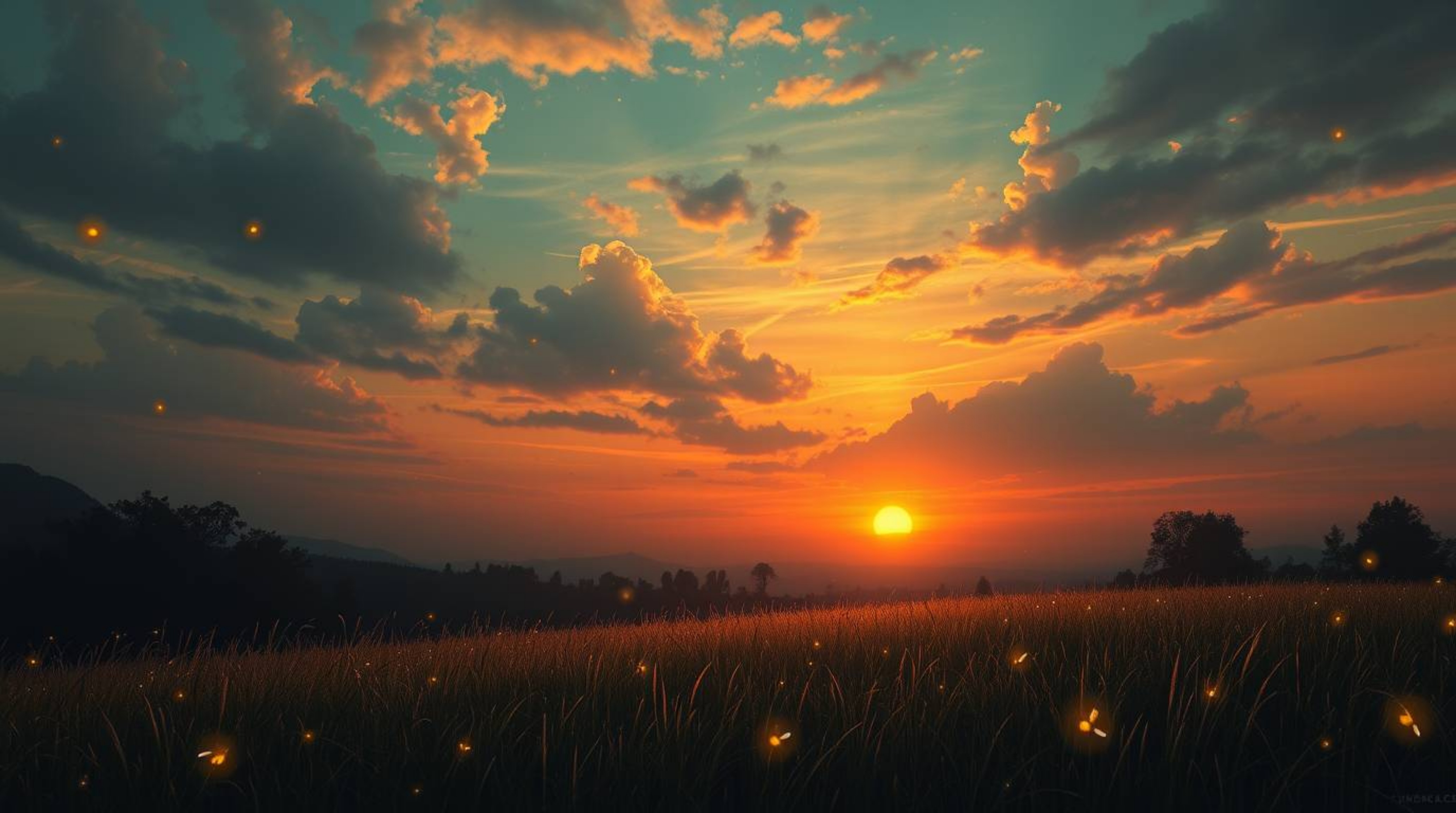 A captivating surreal digital painting depicts a tranquil meadow bathed in the warm glow of a sunset.  Fireflies begin to eme