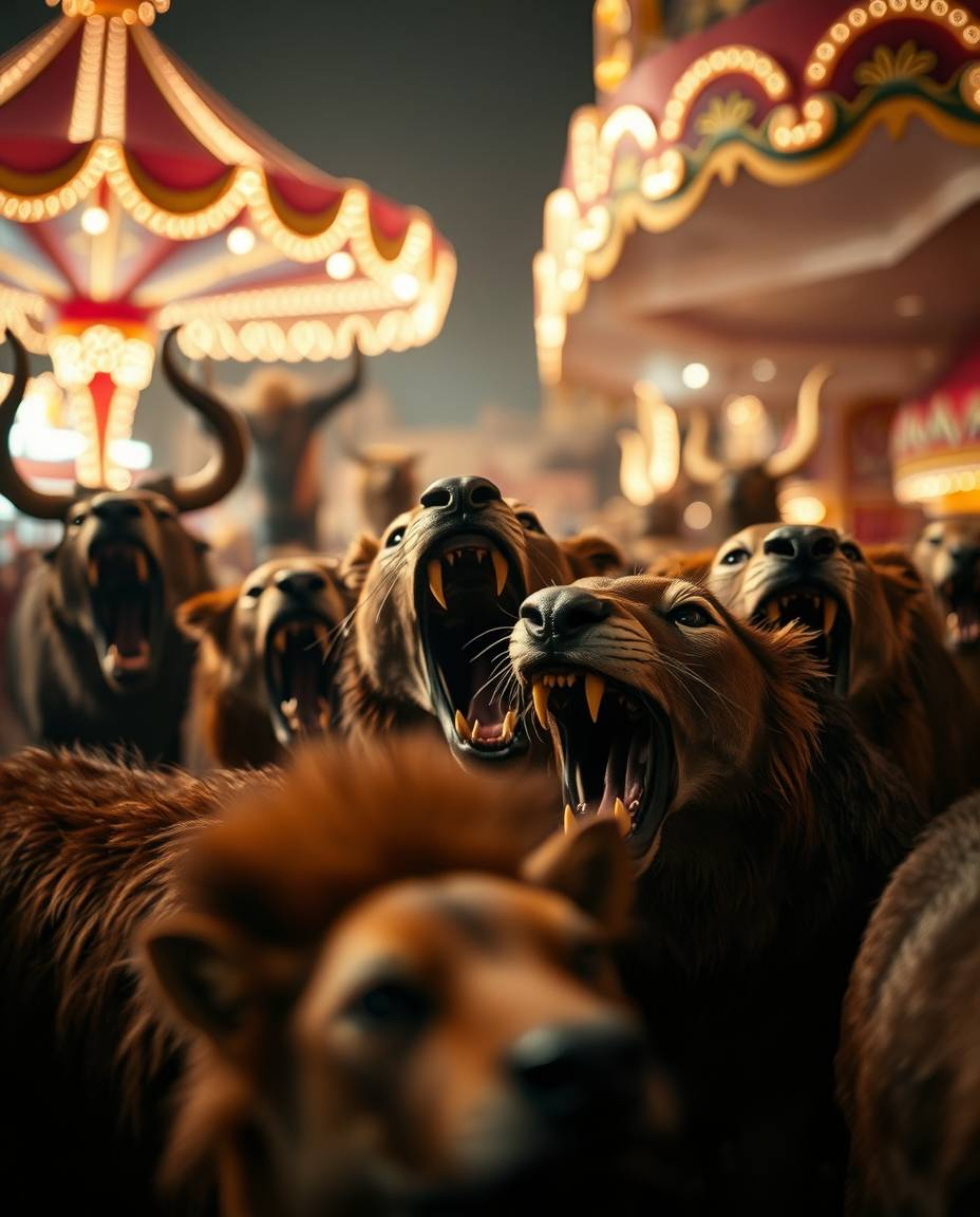 A captivating scene depicts a vibrant carnival unexpectedly overrun by wild animals, creating a thrilling sense of chaos. The