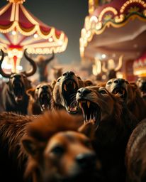 A captivating scene depicts a vibrant carnival unexpectedly overrun by wild animals, creating a thrilling sense of chaos. The