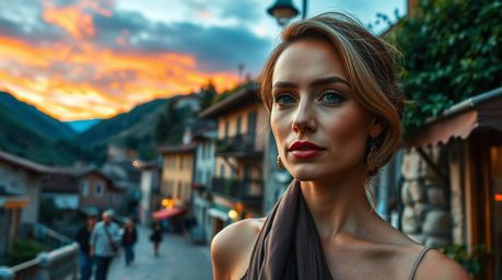 A captivating candid street photograph showcases an elegant individual with refined features in a charming village nestled wi