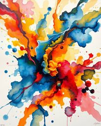 A classic oil painting captures the vibrant energy of colorful watercolor splashes blending on paper.  The artwork showcases 