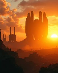 Witness a breathtaking sunrise over a war-torn landscape, bathed in the warm glow of the golden hour. This epic and grand sce
