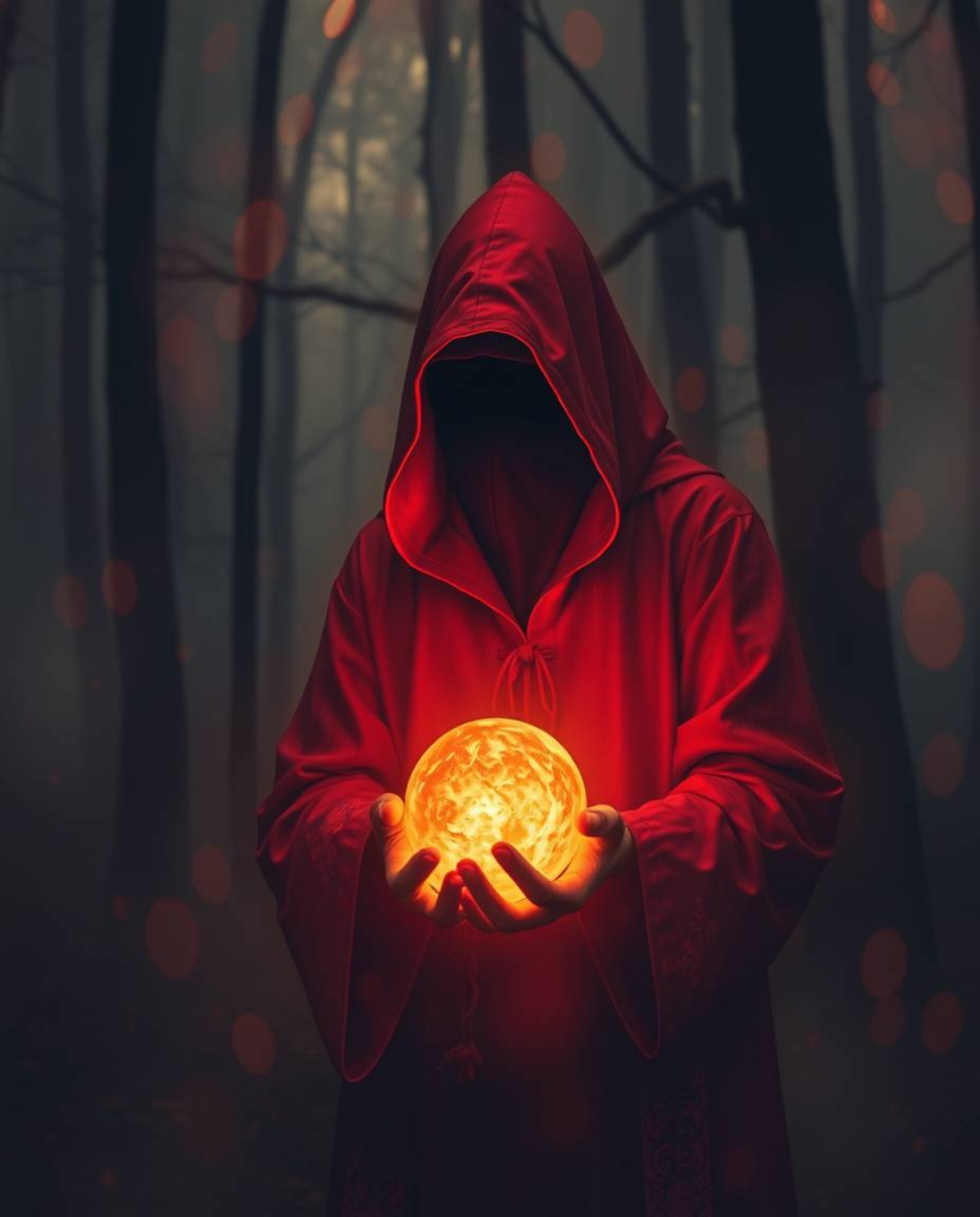 A cloaked figure stands mysteriously in a misty forest, holding a glowing orb that emits a warm, creative light. The scene is