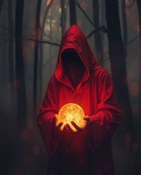 A cloaked figure stands mysteriously in a misty forest, holding a glowing orb that emits a warm, creative light. The scene is