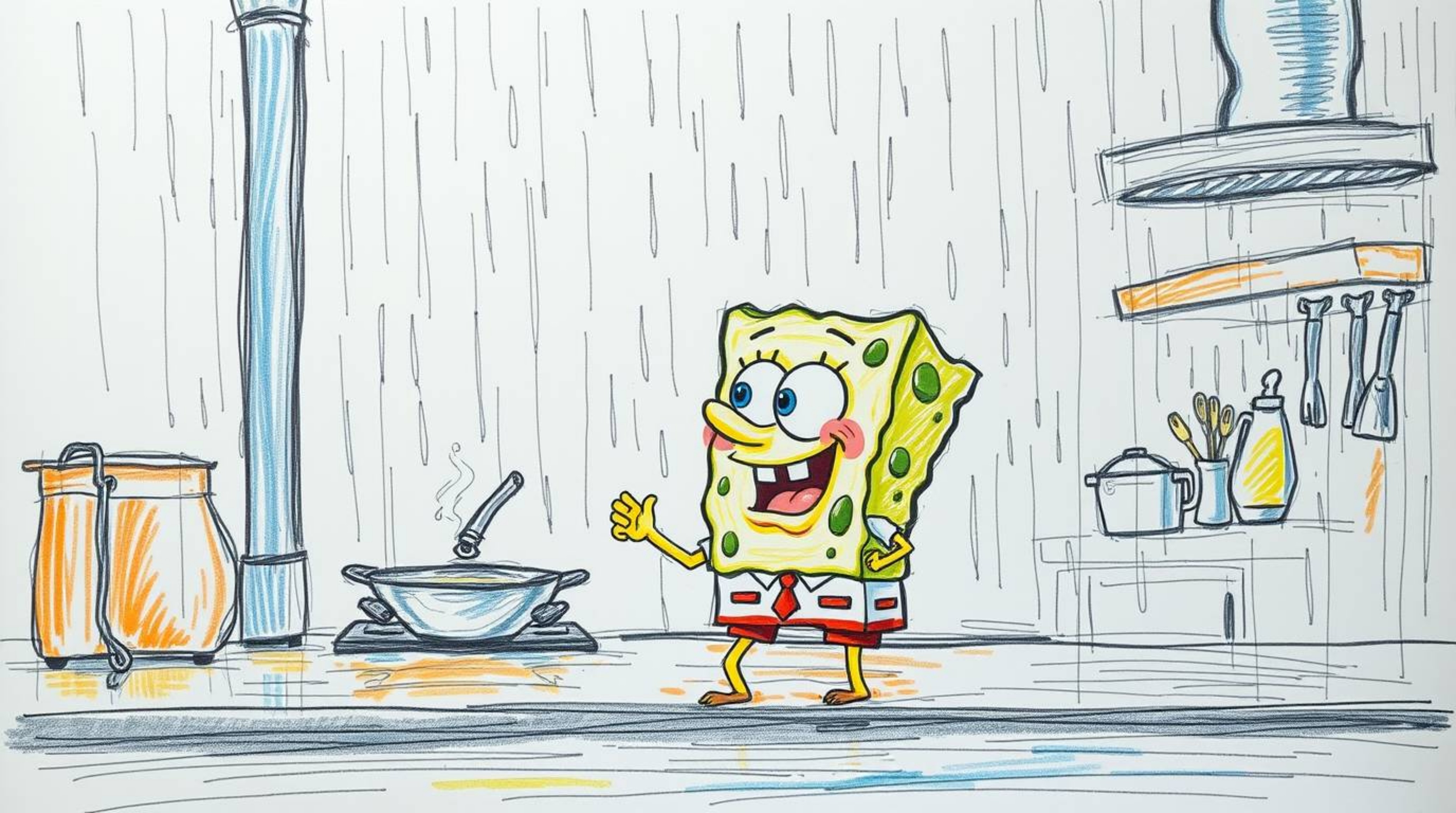 A vibrant hand-drawn sketch depicts a sponge character cooking in a whimsical underwater kitchen.  The scene is set in a wet,