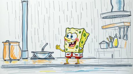 A vibrant hand-drawn sketch depicts a sponge character cooking in a whimsical underwater kitchen.  The scene is set in a wet,