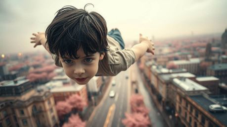 A surreal infrared image capturing a young boy with dark hair and pale skin soaring above London amidst a rainy downpour, cre