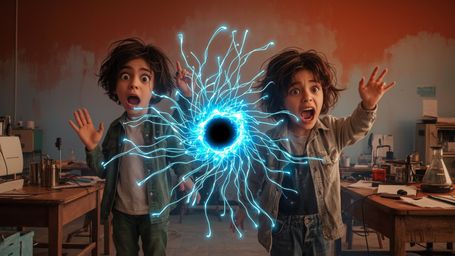A vibrant and dynamic cinematic photograph of two excited and bewildered science fair participants, likely in their mid-teens