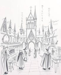 A captivating hand-drawn sketch depicts a magical school brimming with young wizards. Volumetric lighting and textured penci